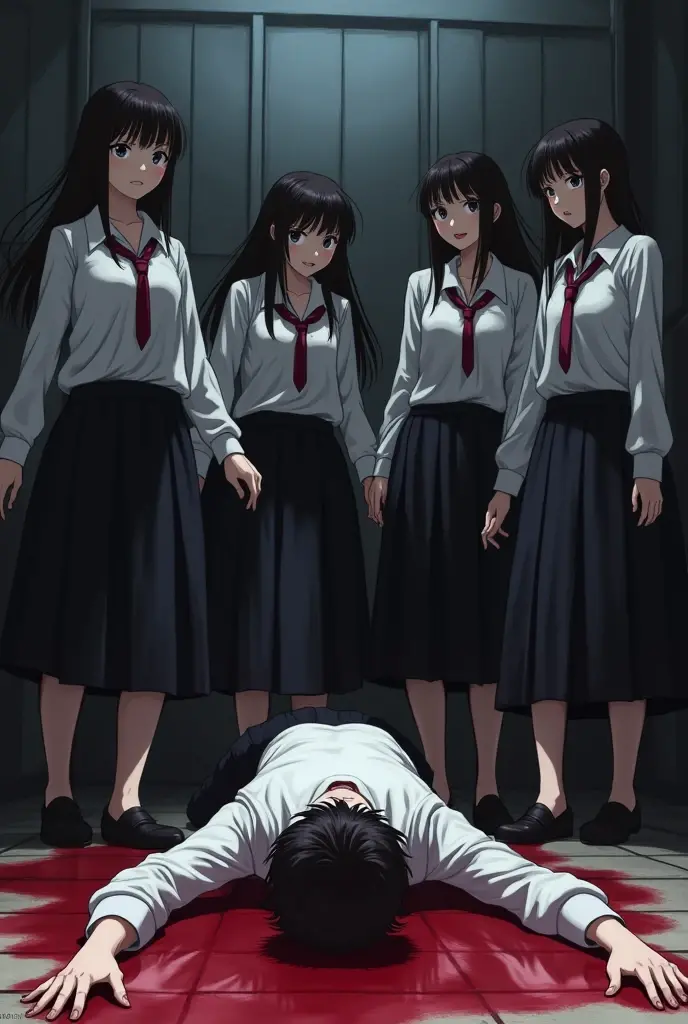 Group of smiling school girls in long black skirts and long hair crouching over him stabbing him to pieces on bathroom floor with knives