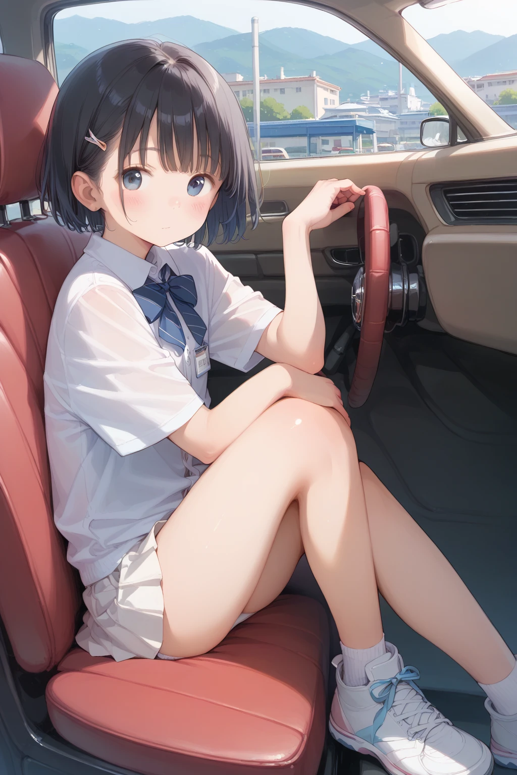 absurdres, high res, ultrasharp, 8K, masterpiece, looking at viewer, 1girl, short black hair, wearing plain white shirt, denim shorts, city