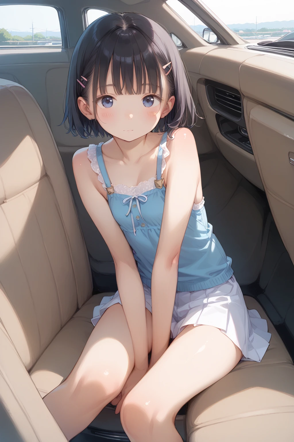 masterpiece, best quality, highres, aalo, short hair, ahoge, blush stickers, collarbone, polka dot dress, blue dress, sleeveless, (short dress), ,(panties),embarrassed face,outdoor,sitting on ground,open legs