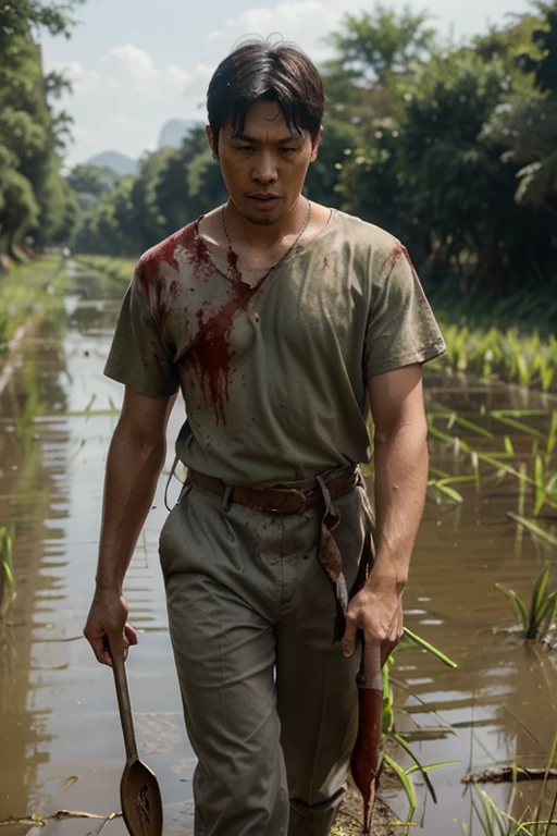 A dirty, skinny, bearded, middle-aged Japanese man carrying a knife appears on a dark rice paddy road.