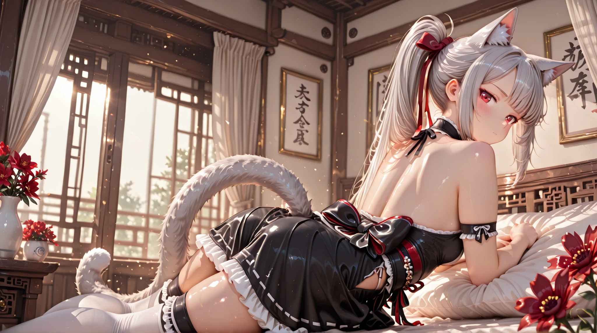 Anime-style image of a woman with white hair and a bloody face, White-haired God, Digital art on Pixiv, White fox, Gwaiz on pixiv artstation, Gwaiz, Gwaiz on artstation pixiv, White cat lady, by Shimo, Zerochan Art, narrow, pixiv contest winner: A 17-year-old Japanese girl with vibrant hair colors, long hair, daring hair styling, slender figure, plump cheeks. She embodies the punk rock aesthetic, dressed like a punk rocker with bold attire, large sunglasses, a defiant expression. She stands at 170 centimeters tall, weighs 30 kilograms, wears long boots, with her thighs visible under a red pleated skirt. Adorned with numerous silver accessories. Depict with distinct outlines, using colors other than black for the outlines, using colorful hues for the outlines. She's into girls' rock, punk, Electric guitar, vibrant colors, stages, and backed by a band. An underground clubhouse with colorful lighting amidst the darkness. Colorful candies resembling mountains of treats are plentiful, strewn all around. A tall, well-built man with blonde hair is present, adorned with tattoos, a nose piercing, and a split tongue.