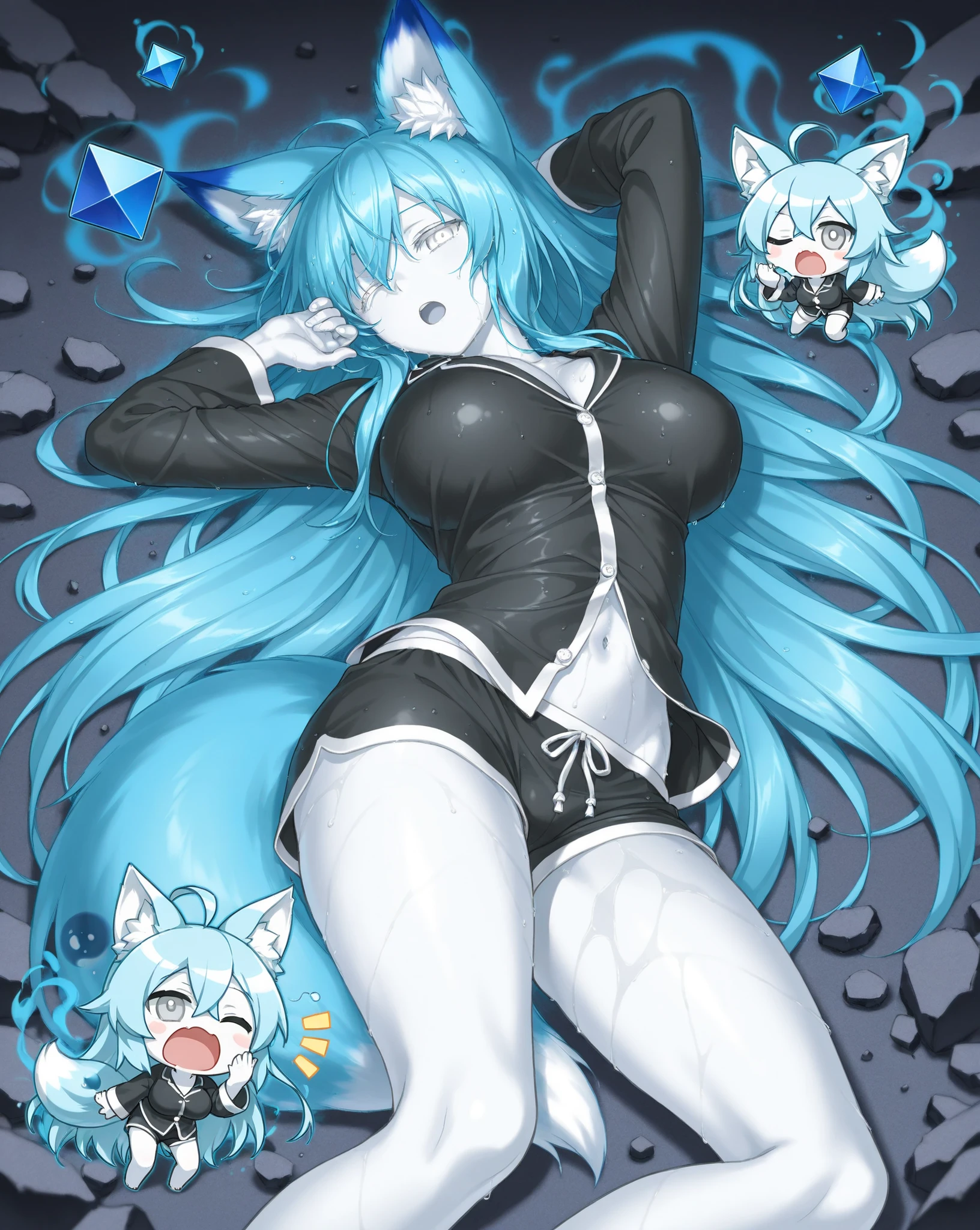 Score_9, score_8_up, score_7_up, masterpiece, best quality, 1girl, solo, an Anthro furry blue fox girl, fox snout, black nose, IncrsXLRanni, wavy hair, cracked skin, colored skin, blue fur, extra arms, four arms, doll joints, on a bed, in a magical white bedroom, in a tower, all four hands on her lap, shy expression, smiling, lying on her back, seductive, naked, covering her breasts and her pussy, pink nipples