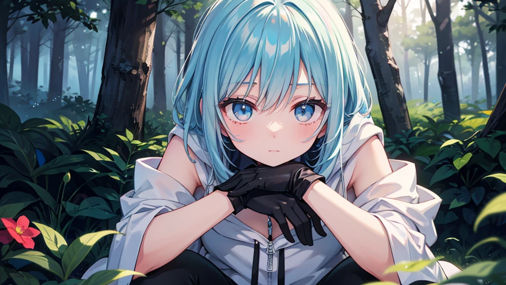15-year-old girl, (Summer clothes for mountain climbing、Baseball cap))、(Gray hair color,Light blue inner color hairstyle), Beautiful Hair, Facial Contour, Remember, forest, sunlight、splash, Lens flare,, Natural Color, High resolution, Very delicate, Very detailed, 8k,(My breasts are just a little swollen,About B cup)、Shyness,((Sexual)),((Sexy feeling))