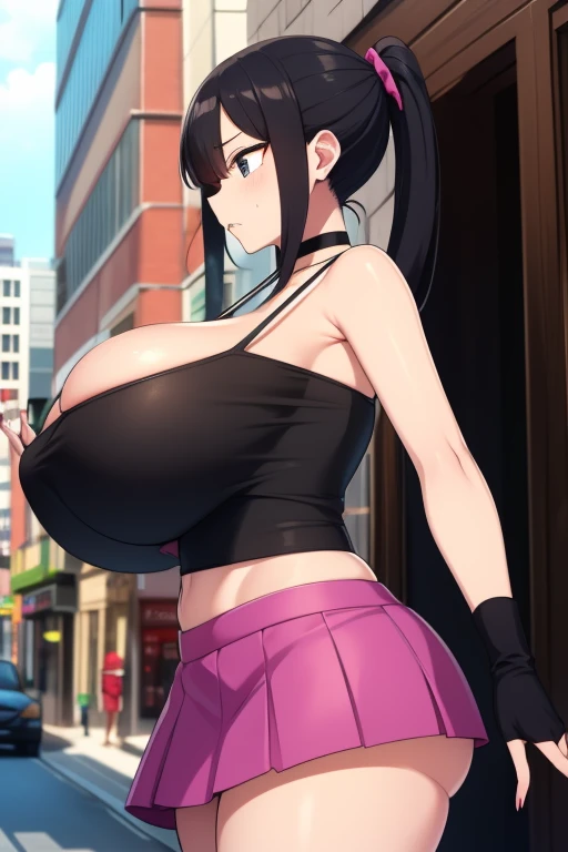 1girl, black_skirt, blue_hair, building, city, cityscape, hair_between_eyes, jacket, looking_at_viewer, medium_hair, multicolored_hair, multiple_boys, night, off_shoulder, outdoors, pleated_skirt, road, shirt, skirt, skyscraper, smile, solo_focus, street, white_shirt, ginormous breasts, overflowing bra, Huge plump breasts, sexy poses, cute hairstyles,solo