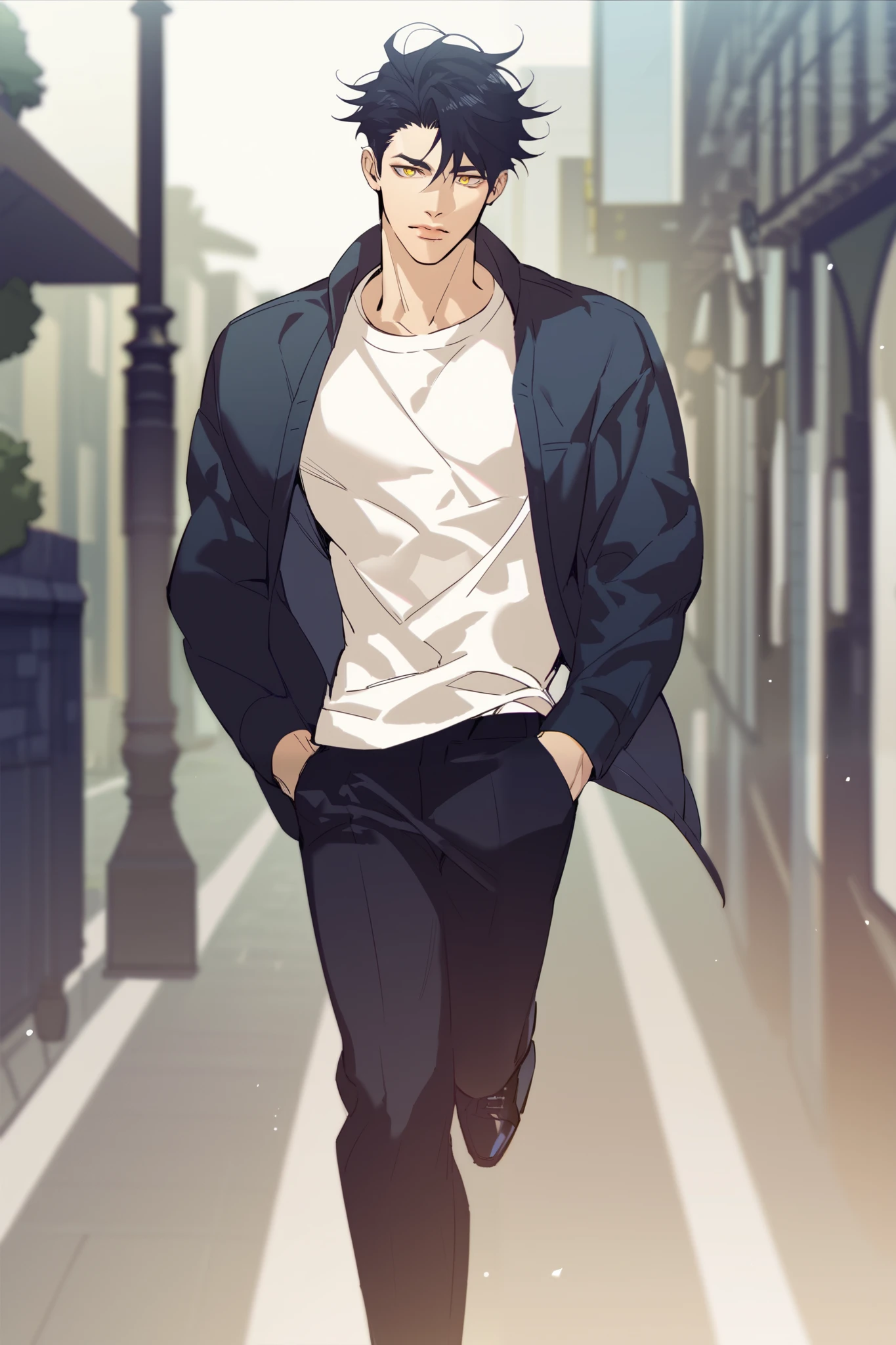 1 male, golden eyes, black hair, looking cool, walking, street background, fierce look, casual black shoes, casual clothes, P_boy