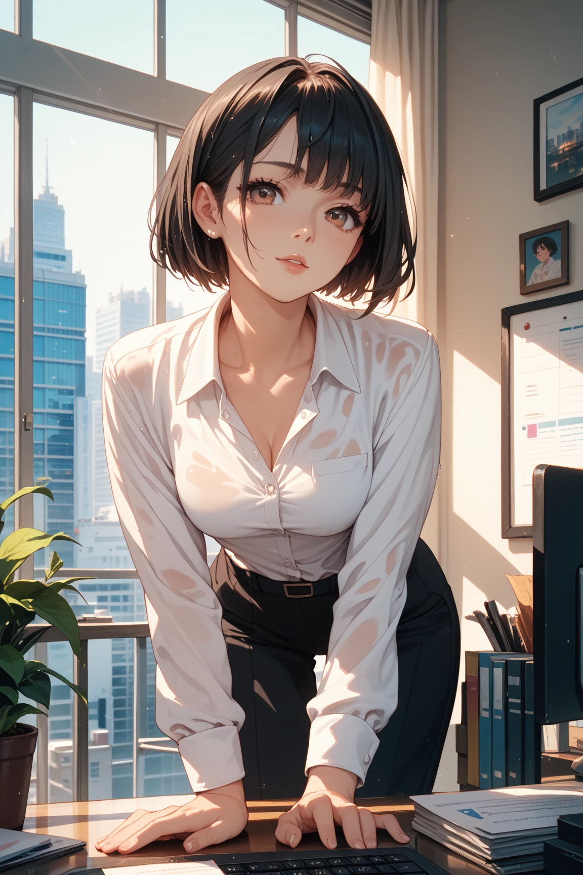 /(modern office indoors/), 1lady solo (looking back from behind), /(casual shirt pencil skirt/) /(black hair/) bangs, blush kind smile, (masterpiece best quality:1.2) ultra-detailed