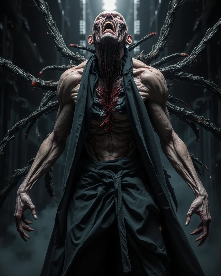A male teenager. He was only wearing a primitive loincloth made from Spider-Man&#39;s outfit. His body is covered in blood and has spider legs coming out of his back. His eyes are red and a black cosma comes out. He is in a laboratory where there are several bodies of scientists. The image has to be in anime.