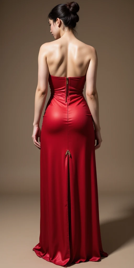bedroom，big bed，There are paintings on the walls，curtain，Standing,2 girls,((side by side)),((1 girl facing forward)),the other girl back to front,bun,Shy smile,The hemp rope is wrapped around the neck and tightened，Long red dress，((huge boobs:1.2)),arms were tied behind the back with hemp rope，Cross hands behind back，Wrists tied together with hemp rope，Thin waist，