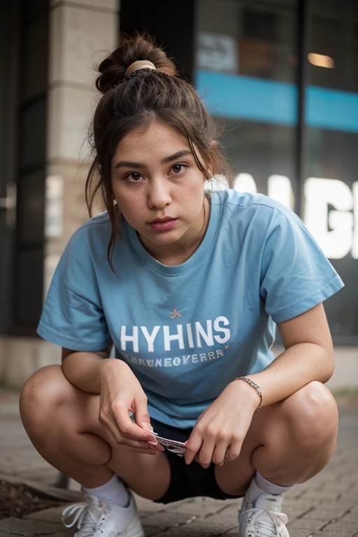 A stunning intricate color close up portrait of (sks woman:1) , wearing Tie-dye t-shirt and biker shorts, epic character composition, sharp focus, natural lighting, subsurface scattering, f2, 35mm, film grain, , by William Eggleston, <lora:lora-small-aubrey-plaza-v1:1>