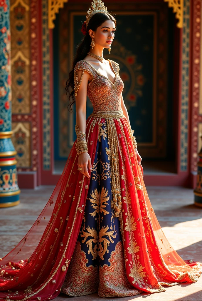 A bubbly confident looking indian princess dazzling on the red carpet wearing a stunning dress which has branded tin can drink big picture on the dress