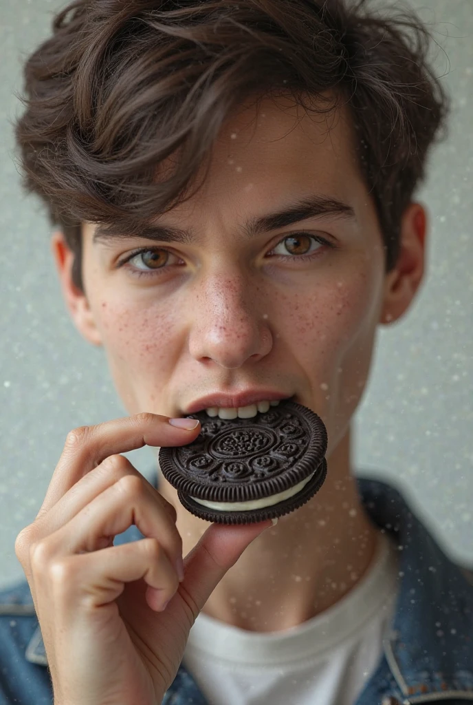 happy man showing from the waist up, eating small brown almost black porous candy