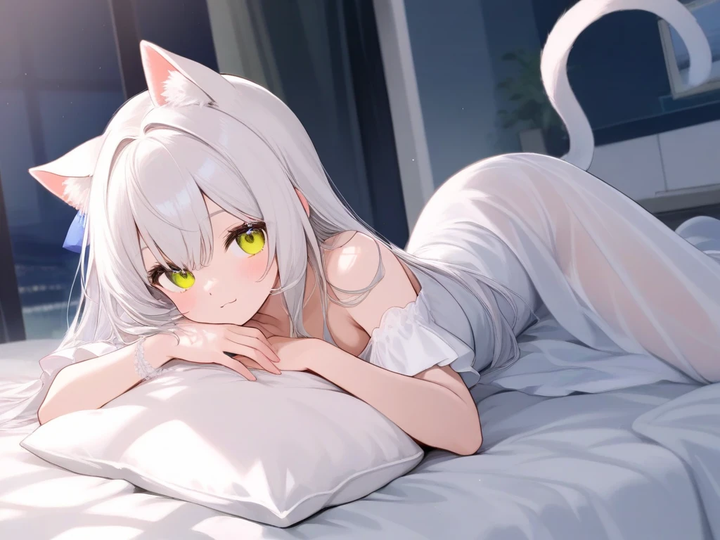 white haired neko girl with ears