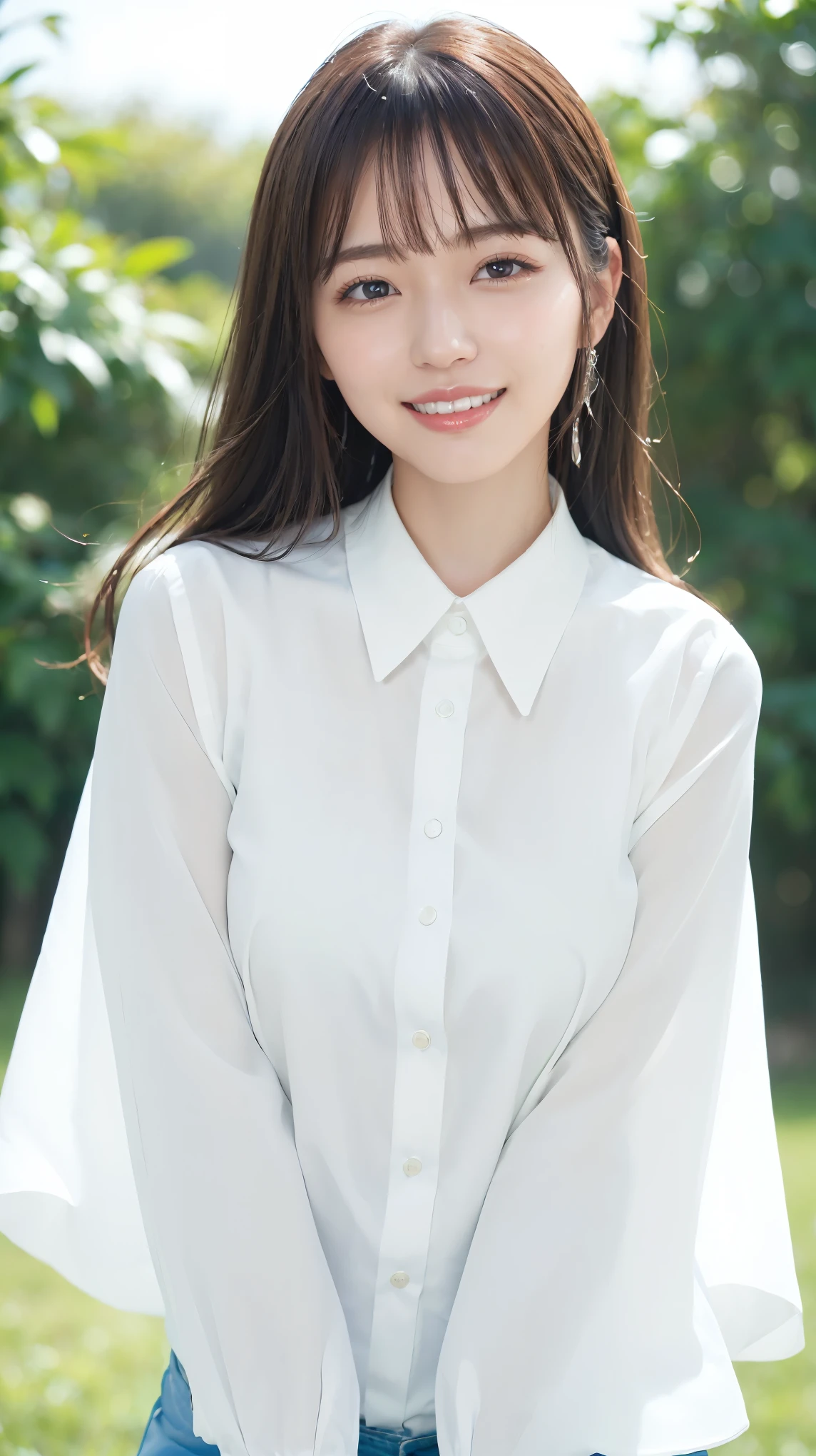(Lovers 1 Girl), (Colossal tits:1.3), Blouses and tight skirts、a park、Friday Night、 (master piece: 1.3), (max resolution: 1.4), (UltraHD: 1.2), cinematric light, UltraHD, (Detailed eyes and skin), (detailed facial features), nffsw, 8K分辨率, Perfect Style, beautiful countenance、Highly detailed facial and skin texture、A detailed eye、二重まぶた、Glitter Eyeliner:1.2、thin cheeks、fair white skin:1.6、shiny little necklace and earrings,、Red Rouge:1.2、shiny lip:1.2、((FULL BODYSHOT:1.2))、(Neat and snow-white blouse)、Women's Fashion Autumn、high-heels、(Layered Hair Style、dark brown hair)、medium-Long hair、(A very seductive smile:1.2)