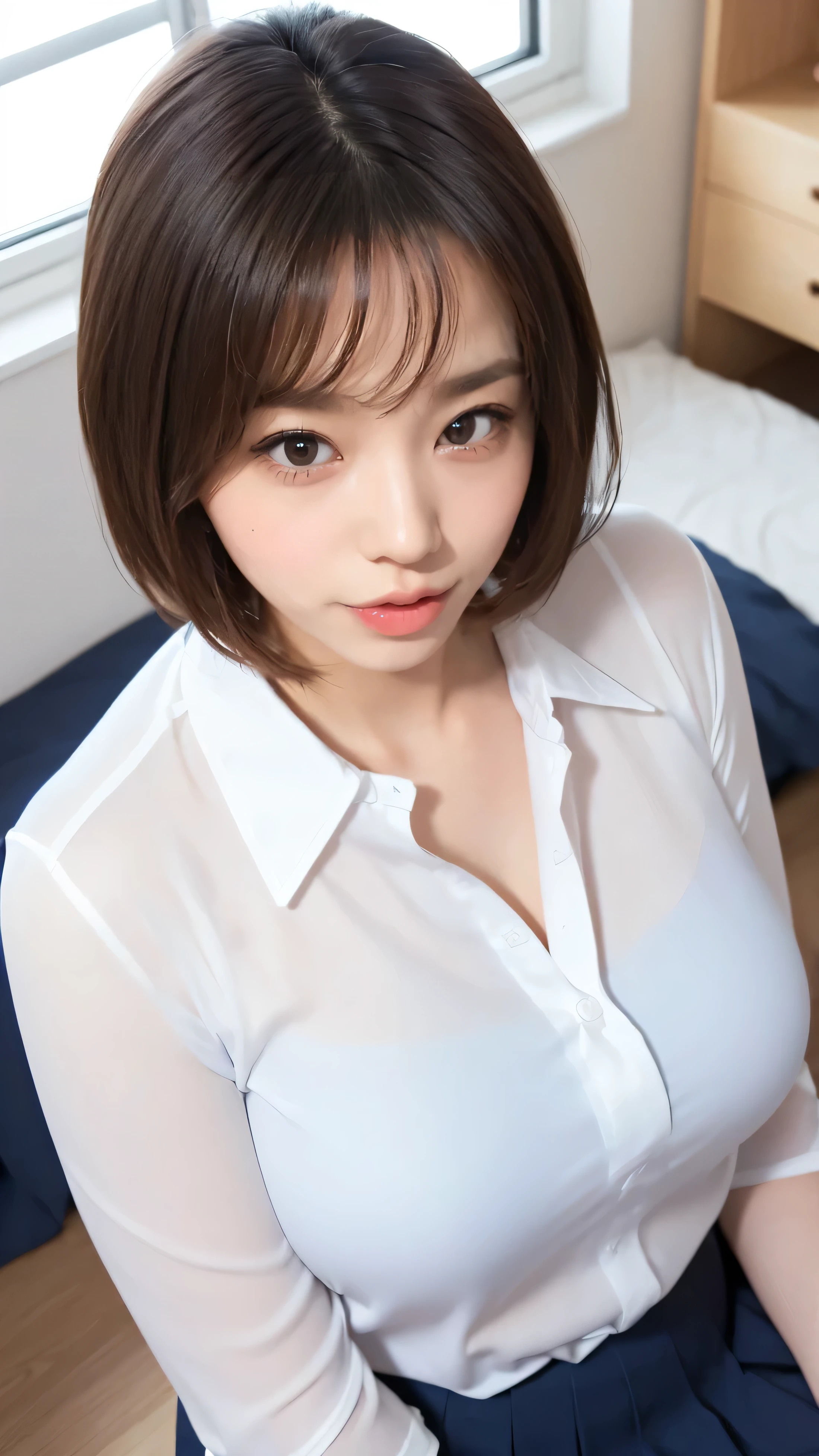 Big Breasts、((Japanese woman)) , (( Transparent white shirt))、(curvy body)、 sensual expression、((angle from above))、lightly 、I'm staring 、on the bed、looks up 、(dark blue pleated skirt for indoor floor) 、((high school uniform))、((胸のgap ))、(view from above、 gap)opens her mouth,