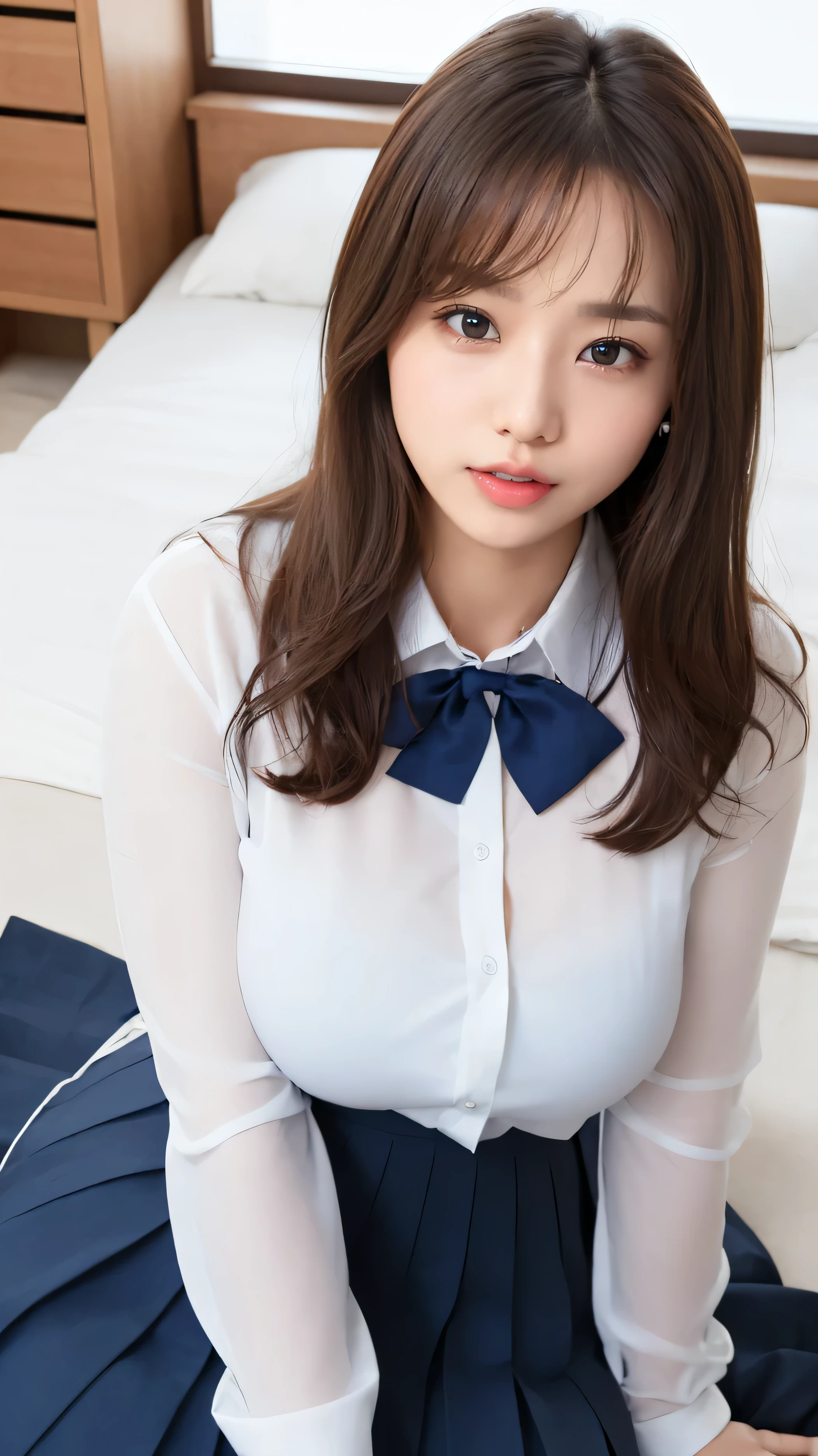 Big Breasts、((Japanese woman)) , (( Transparent white shirt))、(Curvy Body)、 sensual expression、((angle from above))、lightly 、I'm staring 、on the bed、looks up 、(dark blue pleated skirt for indoor floor) 、((high school uniform))、((胸のgap ))、(view from above、 gap)open your mouth,