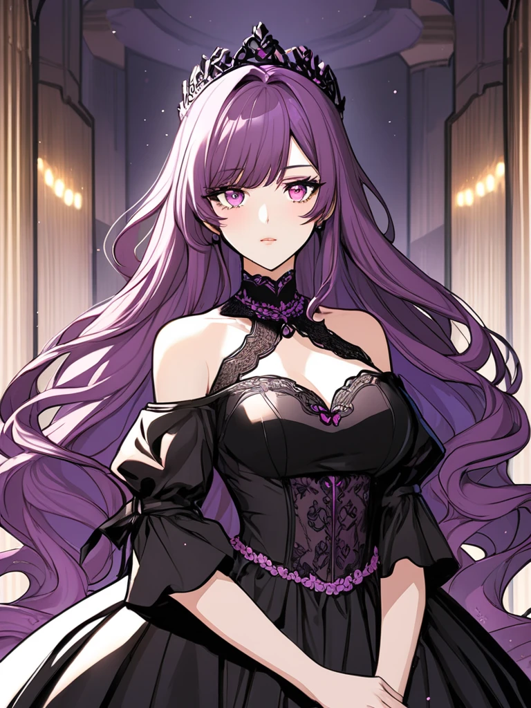 a woman in a purple and black dress standing in a room, ombre velvet gown, magical dress, an elegant gothic princess, gown, royal gown, fantasy dress, dressed beautiful gown, wearing an evening gown, garbed in a purple gown, wearing fantasy formal clothing, wearing long gown, purple dress, vintage gothic gown, wearing a gothic dress, victorian dress