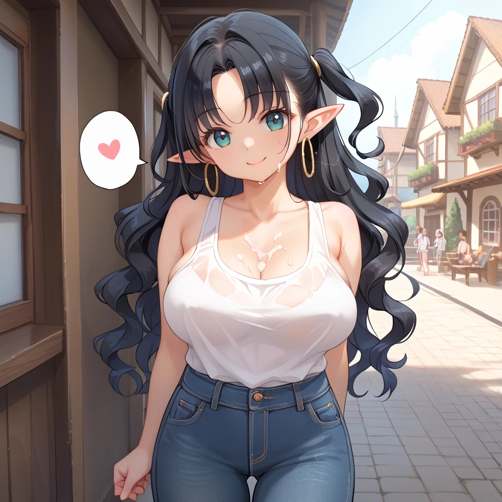 1girl, anime girl, anime, elf girl, 2d girl, 16y, (fullbody), standing, anime elf girl, Elf ears, black eyes, closed mouth, (ahoge, long hair, black hair), ((black latex tank top, cleavage, areolae, areola, areola exposed)), Solo, Slim, medium breasts, medium ,medium Breasts, sfw, Tight Shorts, low waist shorts, upshorts, medieval city background, stars in the sky, looking at viewer, darker shadows, (((explicit))), (((shorts))), (((absurdres))), (((thigh gap))), cameltoe, (((cameltoe))), (((cleft of venus))), (((lowleg shorts))),