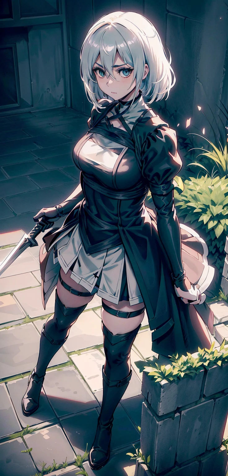 masterpiece, best quality, highres, 1girl, yorha no.2 type b, solo, white hair, short hair, red lipstick, covered eyes, mature female, shiny skin, long sleeves, cleavage cutout, black hairband, black blindfold, black gloves, swords, katanas, ruined city, ancient city, nigth sky, white flowers sea, night sky, moon, moonlight, full body