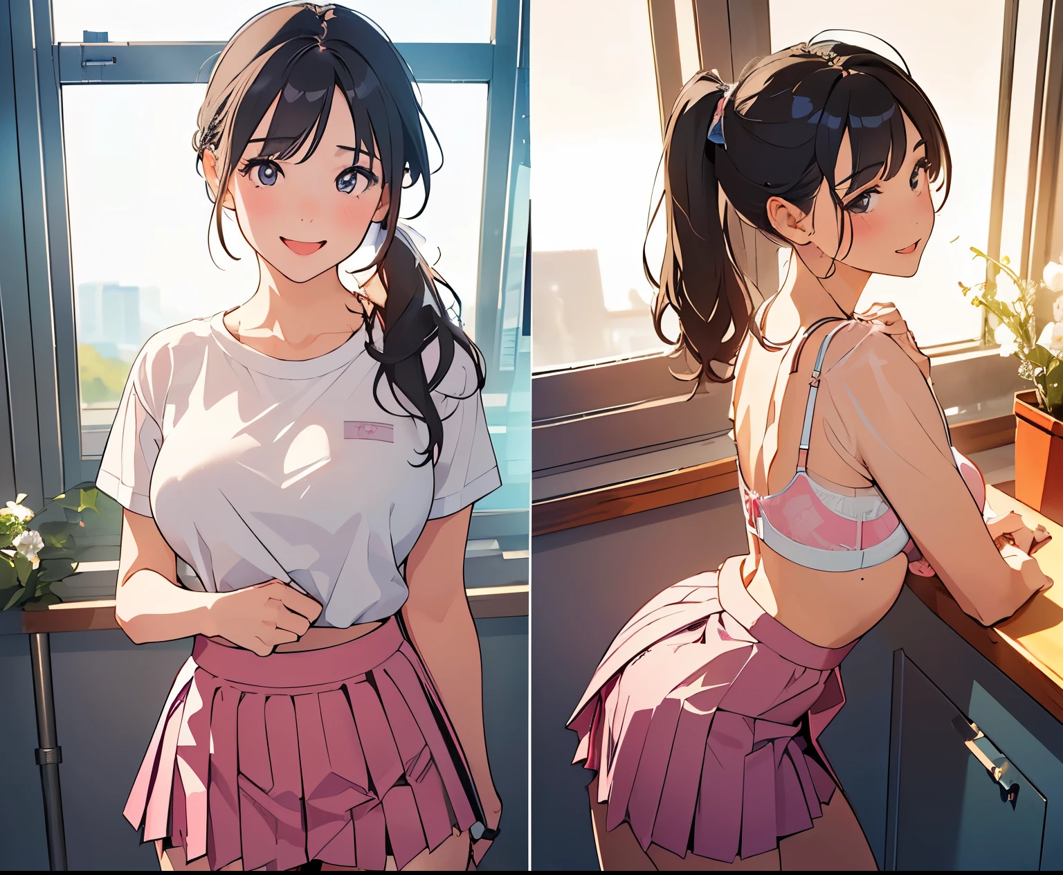 nsfw,masterpiece, Top Quality ,  ultra high definition,( beautiful woman:1.2), cute.. cute face, (  was excited, Beautiful big :1.5),( happy :1.2),(enjoy:1.2), ( black hair:1), ( Short Low Ponytail:1.2),   medium hair,  sexy mole on the mouth  ,  has wet lips, ( Spring up  :1.4), ( Please go  :1.4),(sexy bra:1.5), wearing a gray pleated skirt、 wearing white crew neck t-shirt , Classroom,  amazing,  realistic background,( see-through as seen from s:1.2)、( Erectile Head:1.2)、( inside the anus :1.5)、 pink panties、(skirt lift:1.5),Overflowing Sex Fluids:1.5、grab my chest:1.5