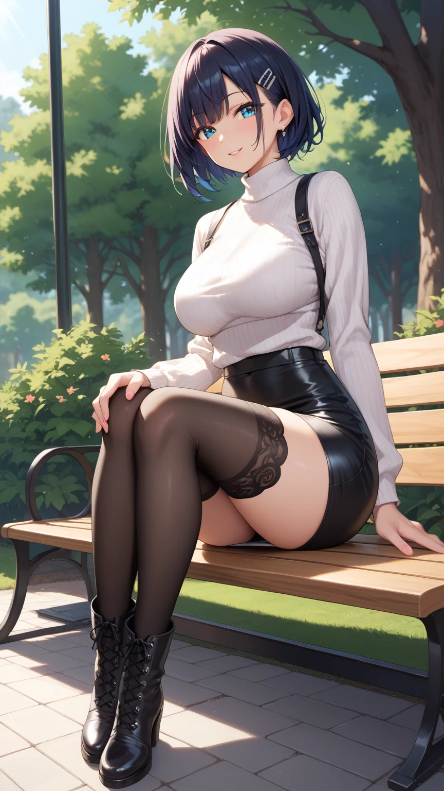 (masterpiece:1.2, Best quality), 1 lady, One, upper body, big tits, Dark skinny jeans, oversized sweater, ankle boots, Free waves, The central part, simple hoop earrings, Green Park