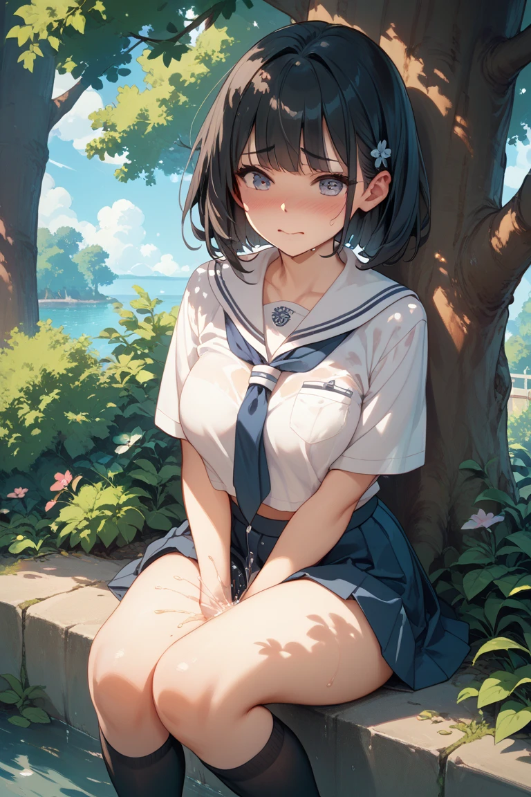 highest quality、Super Resolution、8K,(masterpiece:1.3), (Absurd:1.3), (highest quality:1.3), (Very detailed:1.3), One girl, View your viewers, smile, Outdoor,Photographed from the perspective of looking up at her feet, Summer sailor uniform,ailor collar,、Sit on a bench、She spreads her legs and shyly shows her panties、She shows off her white frilly panties to the viewers.、