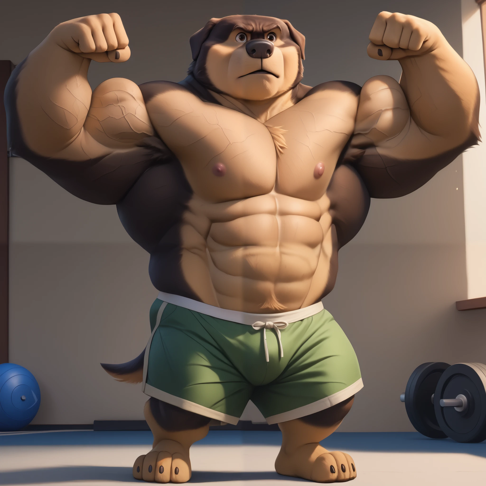 a professional photo of [(((buff Swoledoge))):buff Swoledoge:8], grinning, dog body, eating a large burger in a restaurant, cinematic dramatic light, smooth transition, bokeh