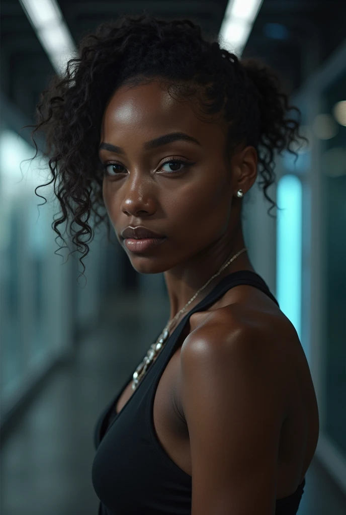 hyper realistic portrait of skai Jackson, 19 years old, with long flowing black hair and brown eyes. She should have a natural, approachable expression and be lit by soft, dark light, canon eos r5, raw format, setting is a futuristic locker room, sitting on a bench, luxury setting, modern, looking into the eyes of a beautiful 19 year old Latina girl with long brown hair with highlights, wearing jerseys and tight panties
