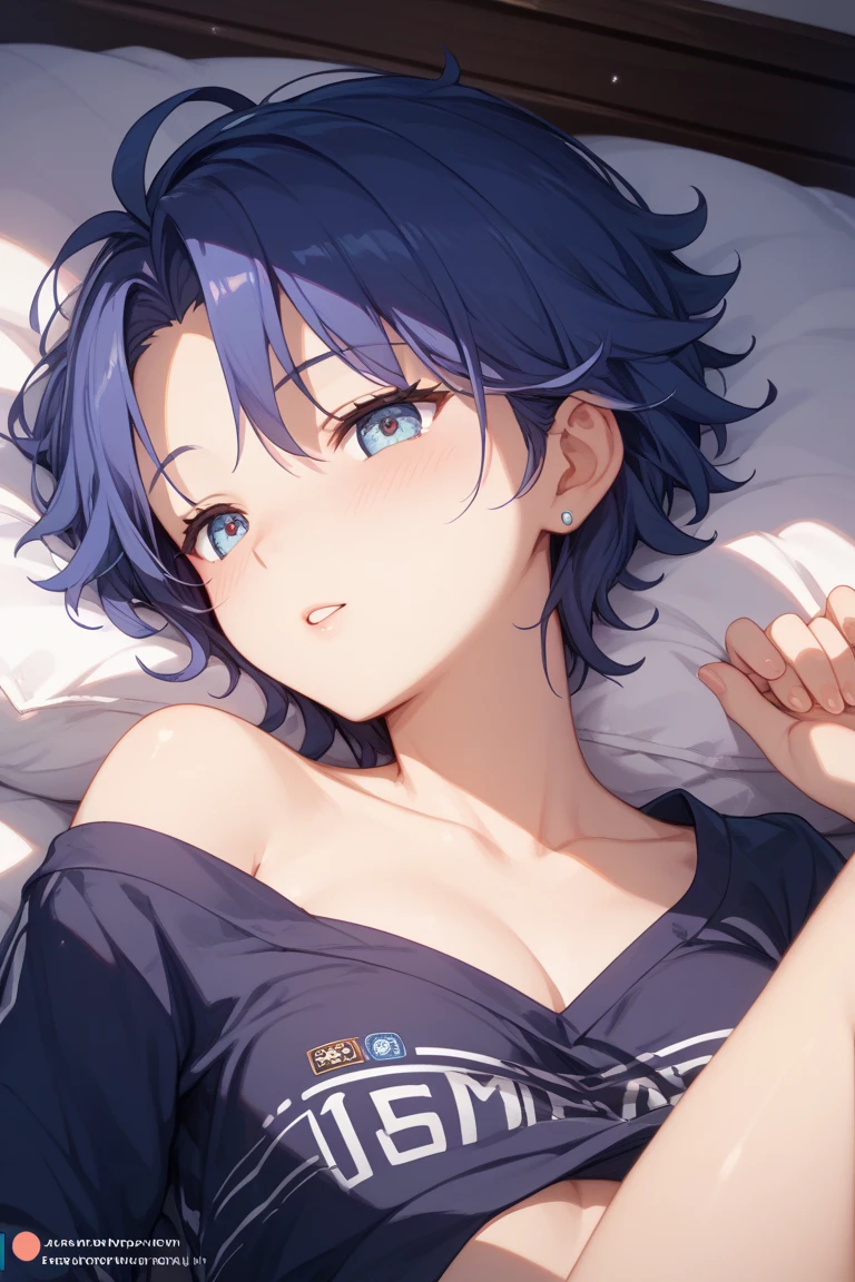 short blue hair girl,relaxed look,wearing a tank top,women's short shorts
