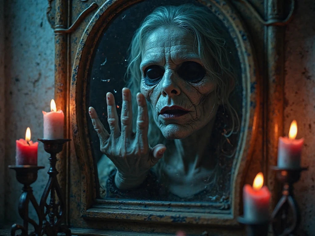 An evil witch holding a mirror in her hand
