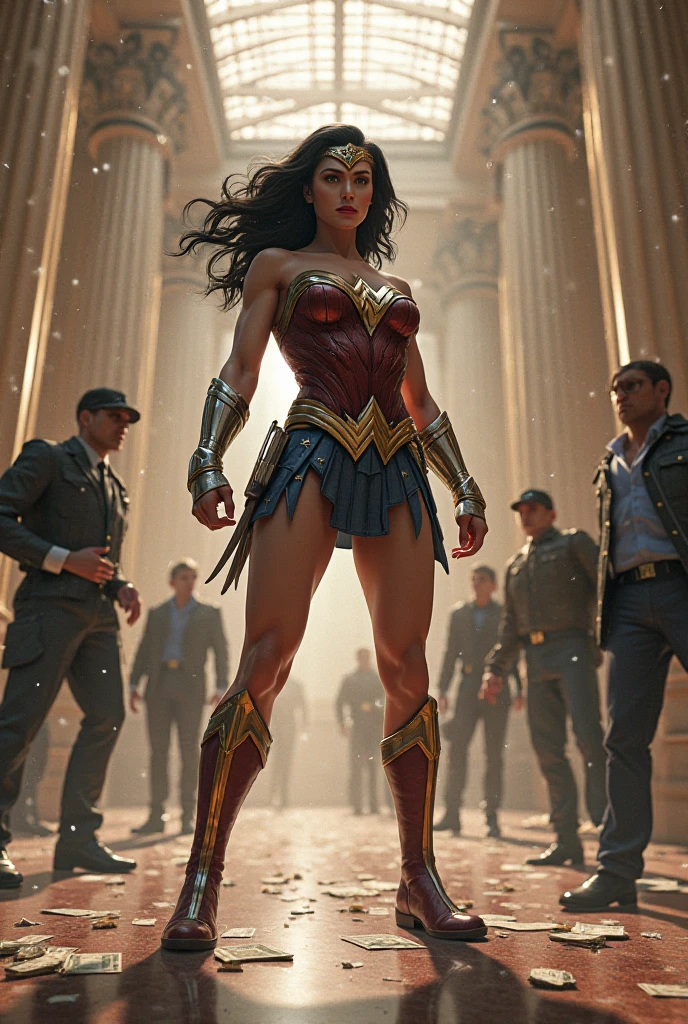 Absurd resolution, high resolution, (masterpiece: 1.4), super detail, oversized conference room, screen, screen showing blue eyed and muscular wonder woman, a group of men in suits, very shocked and surprised expressions,