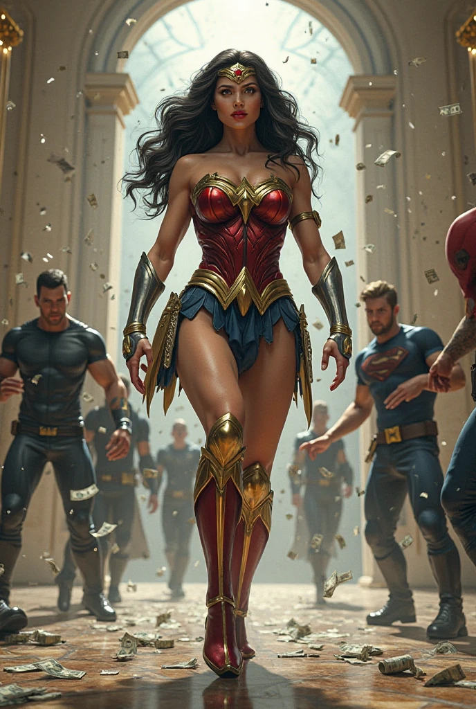 cinematic shot: naked three shapely, powerful and muscular superhero girls standing in 3/4 profile, one after another, all with visible abs. The girl in the distance is wearing a tight-fitting Spider-Man costume., tight, The girl in the middle is wearing a tight Batman-style t-shirt and a mask., tight, his abs are visible, big breasts,The closest girl with long hair is wearing a tight Superman-style top.., tight, his abs are visible. Standing epically against the blue night sky and looking into the distance at a small bright flash. cinematography, naked woman,Superheros, Heroic pose, Taken with low angle camera., realistic heroes poster. --with 9:16 --v 6 --style 250