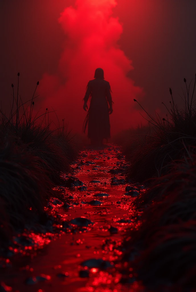 Ultra-high-definition, award-winning dark fantasy artwork featuring a surreal and eerie landscape in 4K resolution. The layout is vertical, with a central figure standing tall in the background, holding two intricately detailed swords. The figure has a skeletally accurate face and is draped in a meticulously textured, tattered, and flowing garment. The sky is a vivid, ominous red with a bright, glowing sun. The ground is cracked and barren, with a river of blood-red liquid flowing towards the foreground. In the foreground, there is a grotesque, anatomically correct, partially decomposed humanoid figure with exposed muscles and tendrils, lying on the ground, showcasing extraordinary texture and detail in its skin. The overall color palette is dominated by dark tones and shades of red, creating a haunting and unsettling atmosphere.