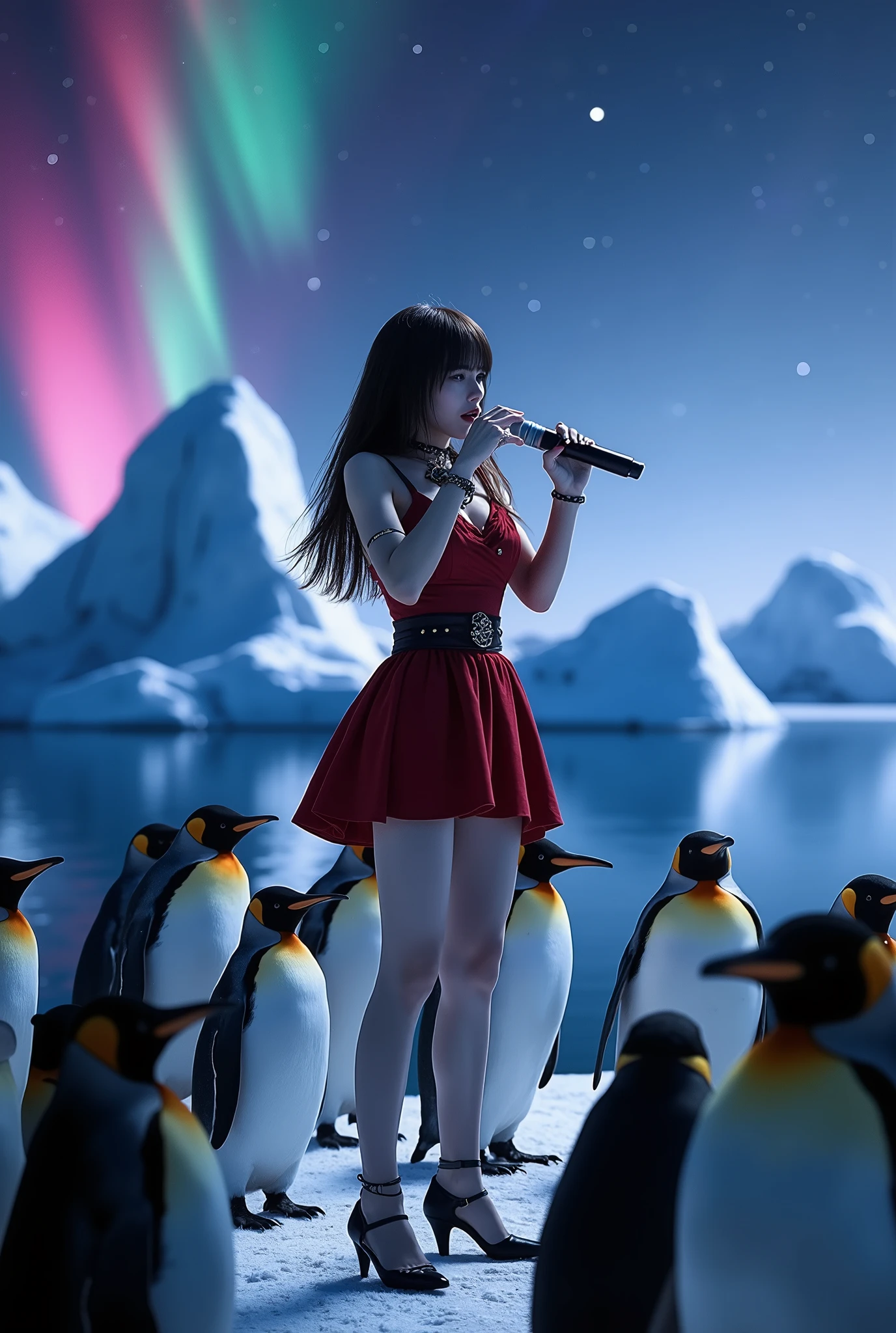 Create a hyper-realistic photograph of a beautiful Japanese female singer in a dynamic pose. She has a slender body, small bust, and thin legs, with long hair styled with bangs. She is wearing a red gothic mini dress and has gothic makeup that enhances her features. The scene captures her singing in front of a group of penguins, illuminated by a spotlight. The background showcases stunning Antarctic icebergs under a vibrant aurora, adding to the magical atmosphere.