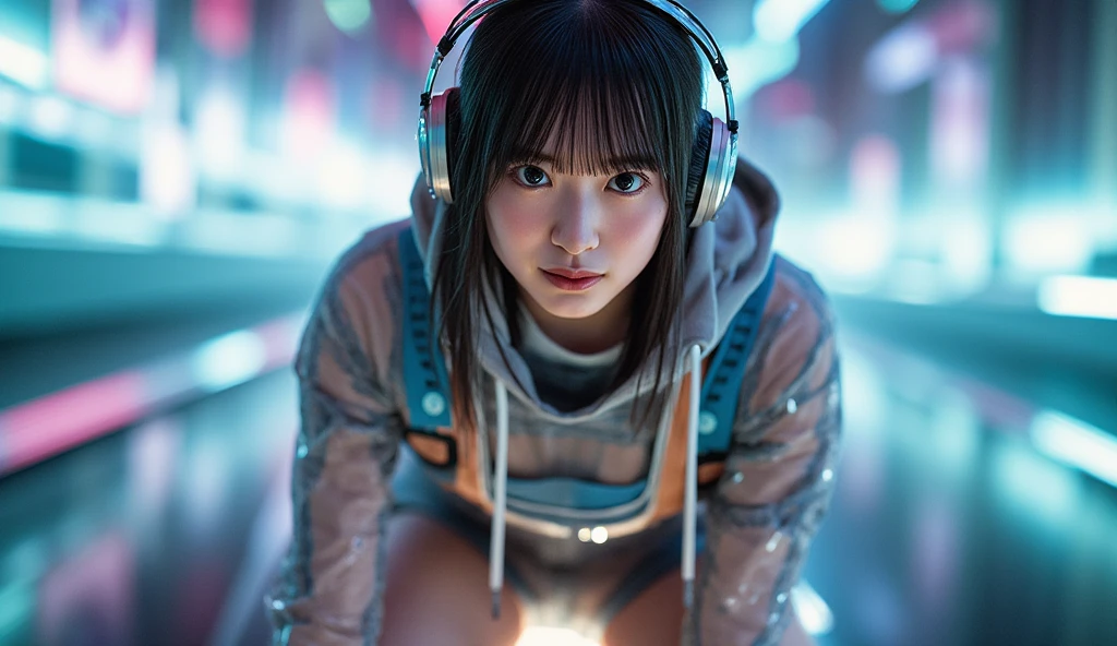 Best quality, masterpiece, a woman with transparent body squatting on the ground covering her ears hiding in a corner, indoor, chemistry, forensics, intern, dissection table, ghost in corner