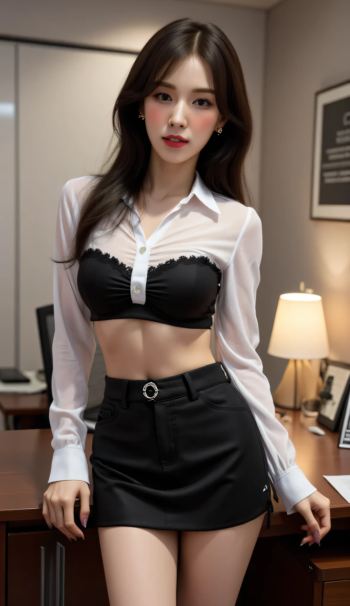 Portrait photo, luxury hotel room, on bed, silk shirt with sheer jacket, breasts are exposed, black leather super mini skirt, beautiful 20 year old woman wearing super mini tight skirt, smile, slim body, sexy pose, brown eyes visible through hair, proper eye position, natural skin, backlight, cinematic light, rim light, soft light, waist, nighttime, city side background, detailed color gradient background, complex, highly detailed, octane rendering, HD, 8k,