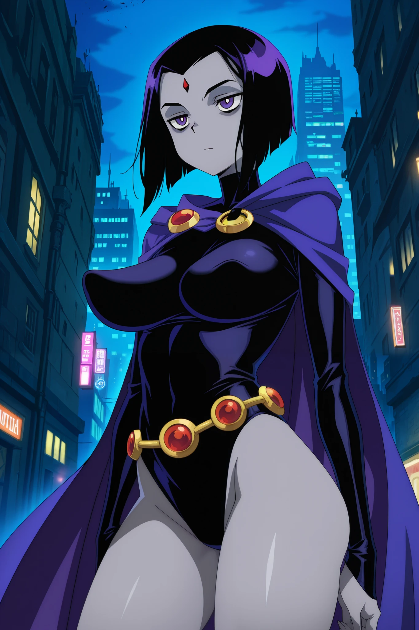 (anime_screencap),(1girl),raven(dc),sleeved leotard,cape,banana_breasts,grey skin,city,professional,masterpiece,dynamic lighting,dramatic shadows,moody atmosphere,cinematic composition,digital painting,vibrant colors,dark fantasy,gothic,supernatural