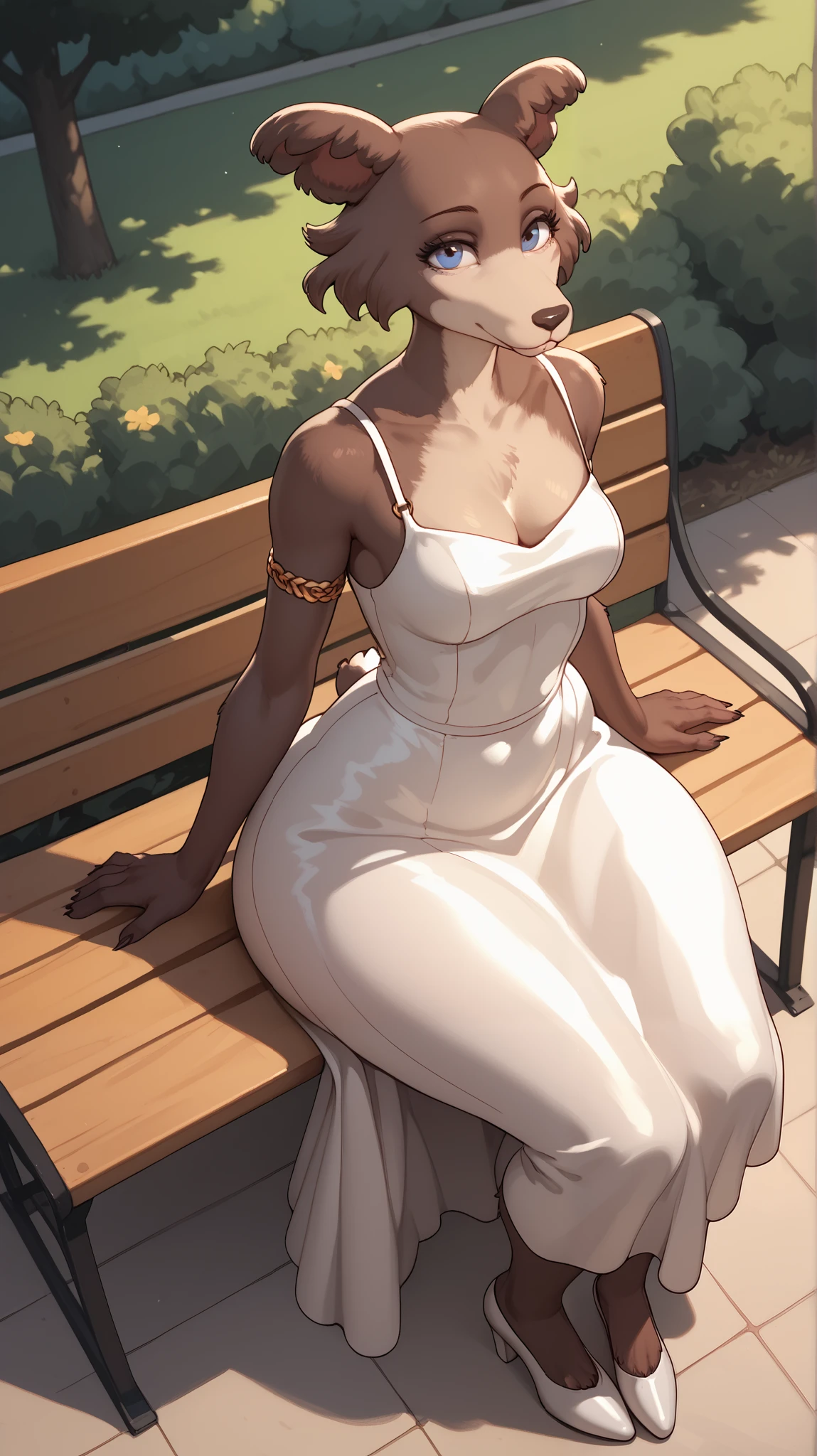 top view, Park, looks at the viewer, background sitting on a bench, anthropomorphic she-wolf, brown fur, big hips, sexy dress