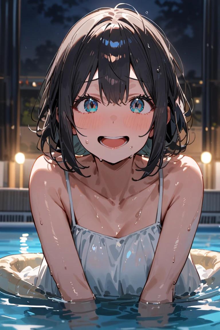 Two Girls, masterpiece, Highest quality, Highly detailed CG Unity 8k wallpaper, High Girl Anime Illustration. Please wear a cute bikini swimsuit., Raise your hands in a joyful pose, She closes her eyes and opens her mouth wide, smile. white hair color, Yellow Eyes, Bokeh, Spotlight Light, The background is a large outdoor swimming pool with sunlight streaming in., Pastel blue sky, Splash, water droplets, Bokeh photo, (Soft Focus): 1.2, Out of focus highlights, Dreamy atmosphere, Fascinating Depth
