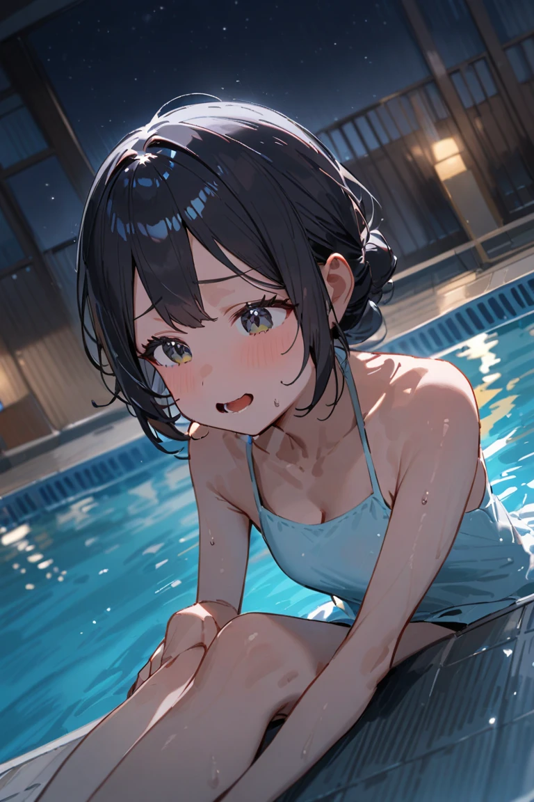 (anime),(One woman),(Blue-green bikini),(background:Poolside),(Black Hair),(Masturbation),(Ahegao),(Squirting)