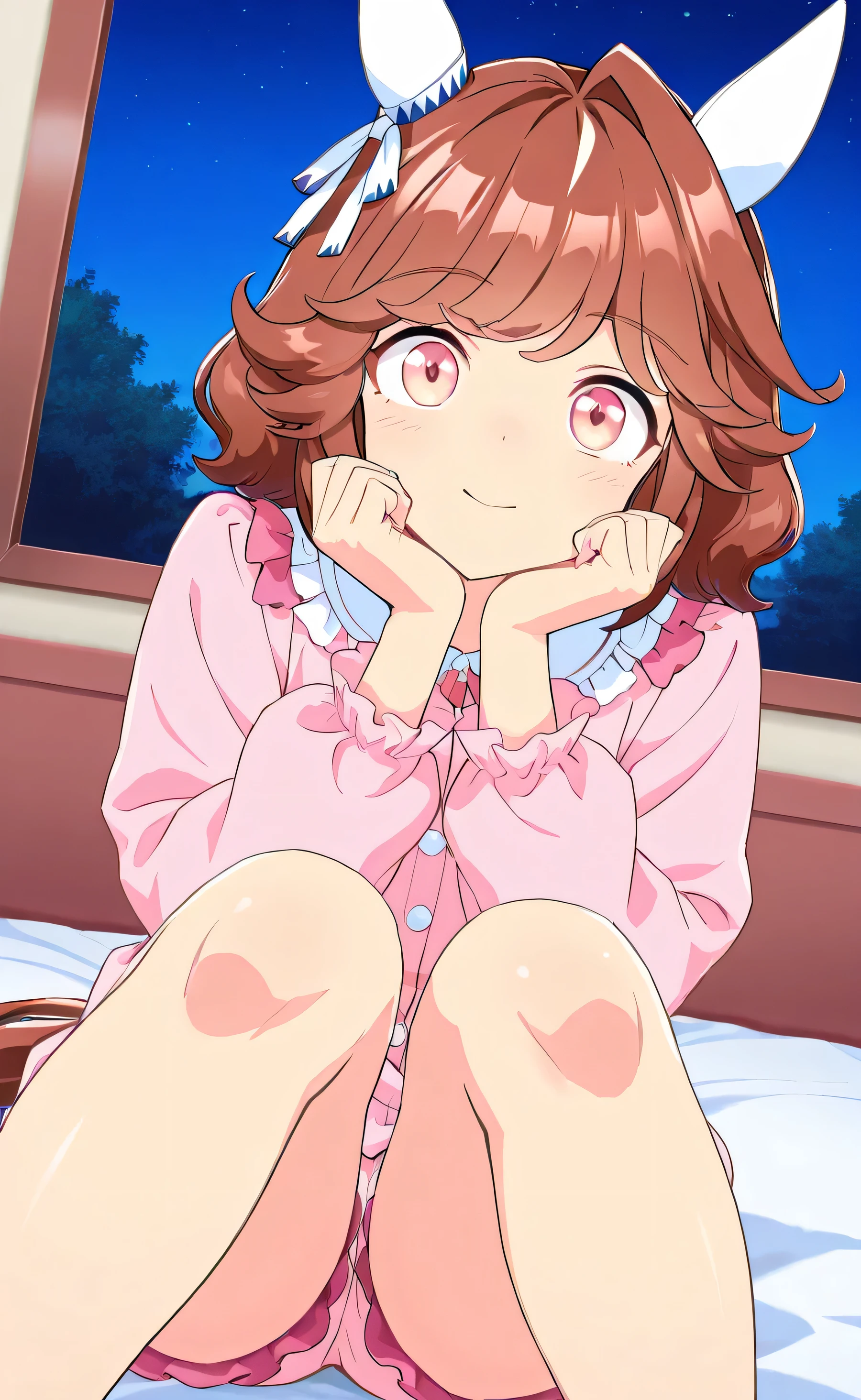 haiseiko \(umamusume\)， 1 Girl, solo, anime style，cute girl,best quality work, super detailed, anime style，8k, high resolution, detailed images，precise face，（（（lying on the side on the bed））），（zzz），（（Lying on the bed）），（（（pink pajama top））），（（（pink short pajamas））），（（smiles gently）），Dyed slightly red on the cheeks， and look here，（from the front），（Image uploaded from the front），（（smooth thighs）），（（Close-up images from thighs to face）），（holding the knee with both hands），best image quality，Top Quality，sticks out of the screen，night，