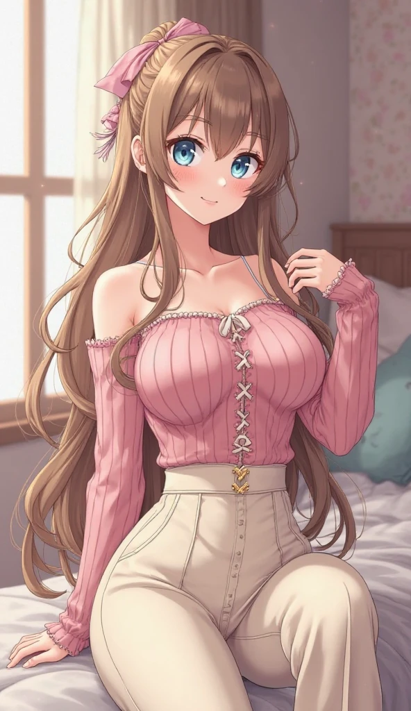 ((girl with brown hair, long straight brown hair, with light green eyes, fair skin, very shy, very blushing, very blushing,with a pink shirt with a teddy print, a long pink skirt, with big breasts, with big legs, with big hips,in the room, from the front, with realistic details, realism, UHD, vivid colors, colorful, amazing details,))