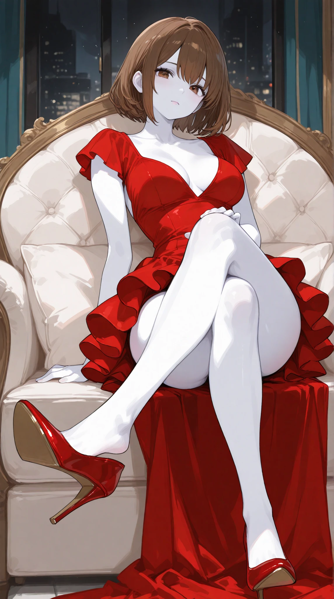A man, femboy, clear skin, Slim and delicate body, Red hair, Red eyes, Red lipstick, huge butt, thick thighs, small penis, blush, calm expression, Smile calmly, dress of an imperial queen, Queen's crown