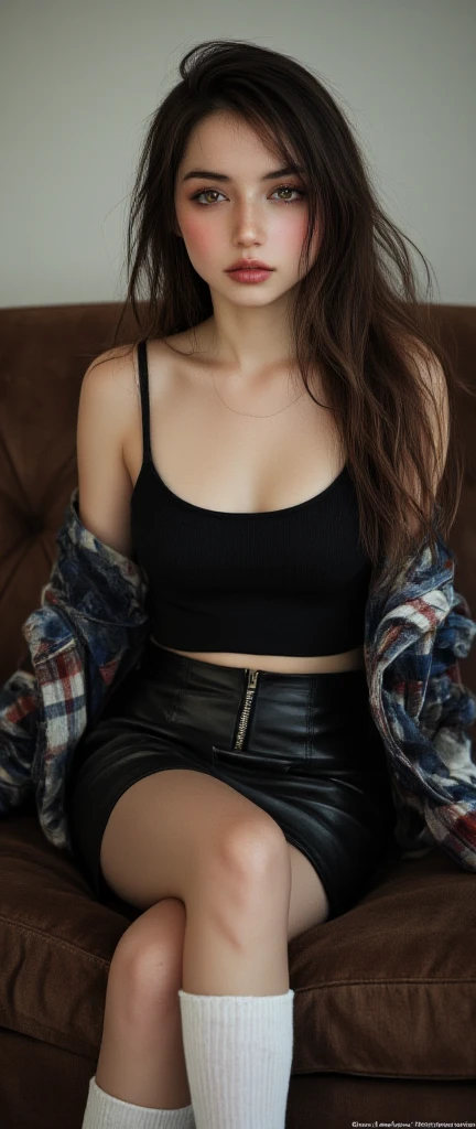 (a cute e-girl,schwarz lange Haare,selfie photo sitting in a restaurant,crop top t-shirt,wearing baggy black jeans ,thigh highs:1.1,necklace,sweet expression,selfie,reflection,soft light,vibrant colors)