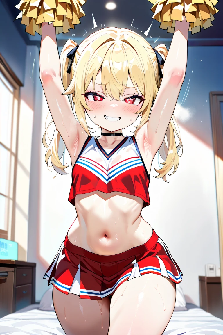 (8K, Best Quality, Ultra Detailliert, Highres, Absurdres, Perfect Anatomy:1.5, Masterpiece:1.5), (Strong Outline), (((1 Cute Girl))), (((perrine h. clostermann))), (((Yellow Eyes))), (((Black Glasses:1.5))), (((Long Long Hair:1.5, Bangs, Blust Bangs, Blonde Hair))), (((Black Cat Ears))), Black Cat Tail, (Slender Body, Dwarf:0.7), (((Small Breasts))), ((Big Hips:1.1)), (Smile:0.9), ((Blush:0.9)), (Grin:0.9), (Heart), ((Pink CheerLeader:1.3)), (Micro Skirt, Mini Skirt), (Show Panties, Cameltoe), ((Pom Poms:1.3)), (WristBand), (Sports Socks, Sneaker), Choker, (Dancing Pose), Jamping, Jamping Pose, Arm Up:1.1, Leg Up:1.3, (((Posed Photo:1.2))), (((Wide-Angle Photo:1.2))), from Below:0.4, Dutch Angle, (Simple BackGround, Simple Colour BackGround, Warm Colour BackGround), best hands, good hands