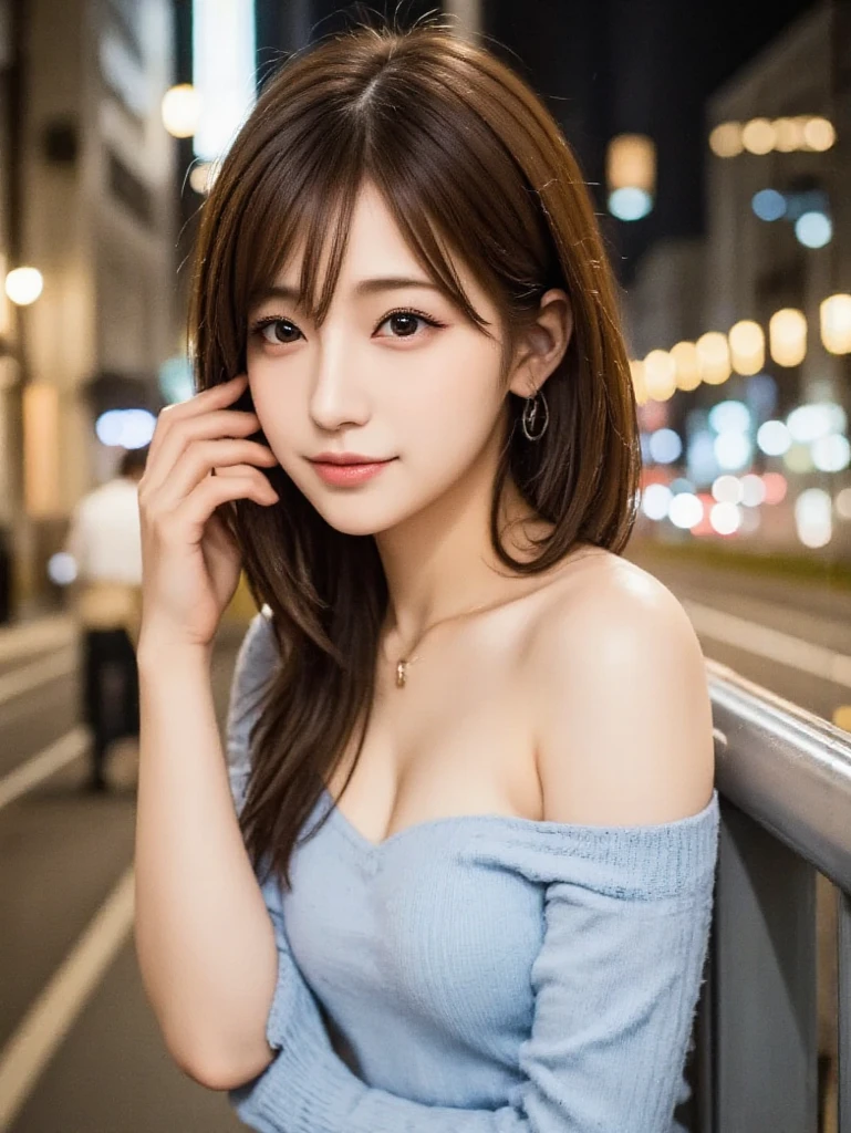 (ultra high resolution:1.3) (Super detailed:1.3) (super high quality) (super high quality:1.5) (realistic pictures:1.3) japanese woman (可愛い17 years old:1.3) ((Detailed and beautiful facial features:1.3)) ((realistic skin texture:1.say exactly, high quality eyes:1.3)) ((The beauty of detailed and high-quality ears:1.3)) ((Beautiful skin that is very fair and transparent:1.3)) ((Beautifully groomed straight short bob hair:1.3)) Beautiful fair skin complete body beautiful proportions (Trend Fashion) (off shoulder navy knit) The background is the town at dusk A city with lots of people beautiful depiction, half-open lips feminine, soft and gentle shoulders big breasts ((cute)) (stunning high resolution images) beautiful background beautiful light Backlight Japanese idol face ((The main character is the background)) ((waist shot)) 17 years old