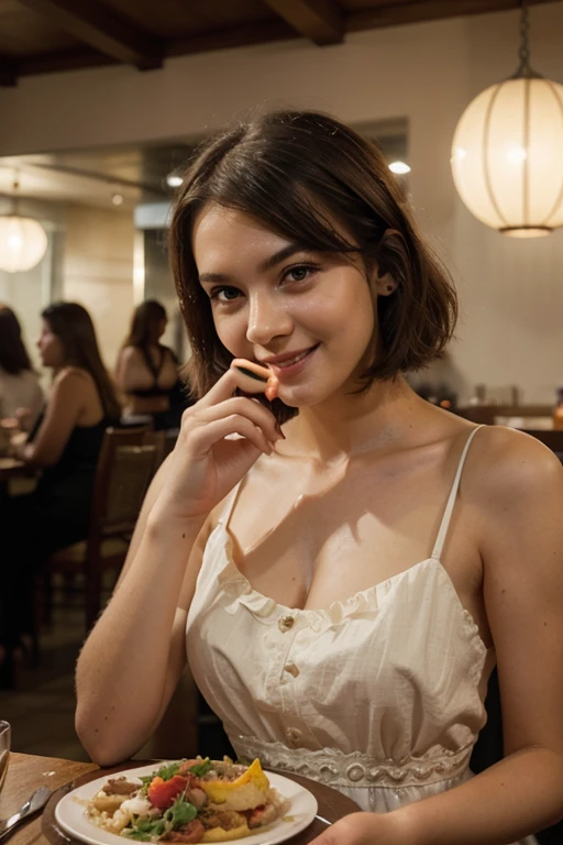 ((best quality)), ((masterpiece)), (detailed), perfect face,a woman sitting in a cafe, dessert on the table, coffee in her hand, short hair, beautiful face,