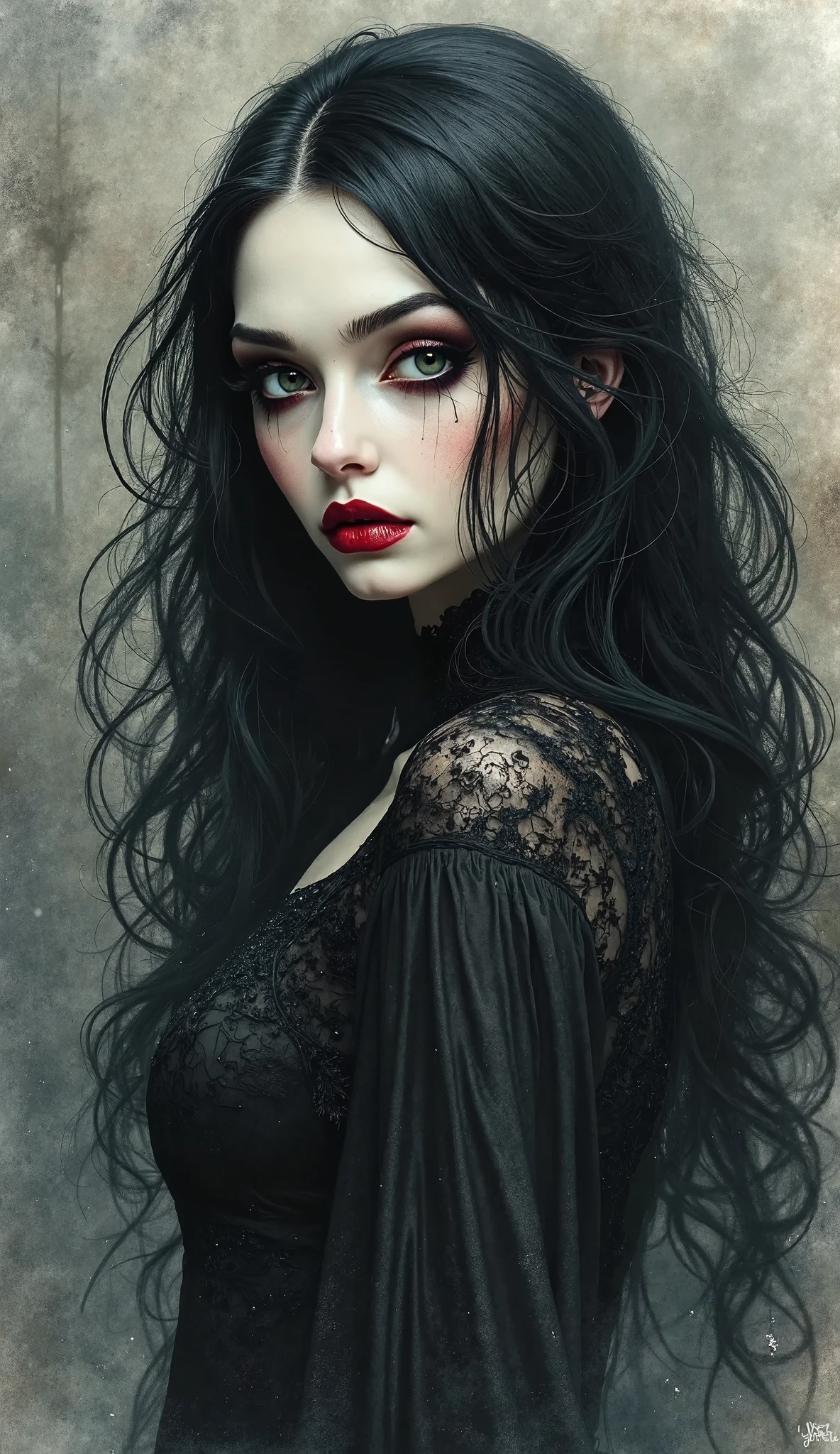 A close up of a woman with long black hair and a black dress - SeaArt AI