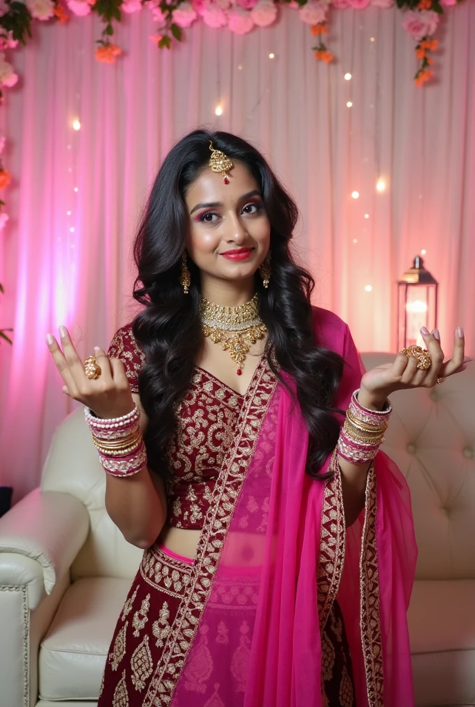 Hot girl Indian big boobs wearing pink thin transparent sari showing boobies nipples, nsfw, she is in a wedding ball room
