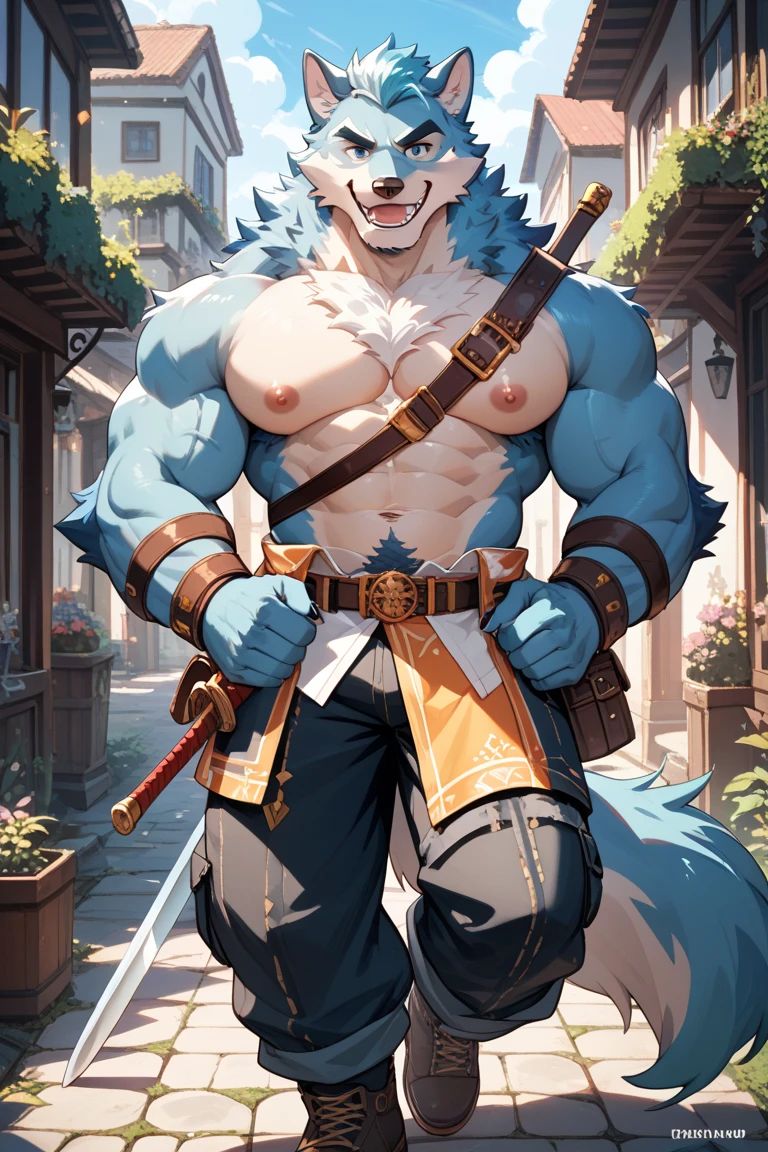 Reif's fluffy fur coat is not merely a trait of his dragon-kin heritage but a reflection of his status. The deep blues and greys of his fur are often associated with the wisdom of the ancients, while his piercing blue eyes seem to gaze into the soul of anyone who dares to meet his gaze. His stature, at 173 cm, is quite notable, especially given his narcoleptic condition. His physique, though not traditionally robust, suggests a strength that lies beneath the surface, hinting at the formidable power he wLumberjack Shirt: The green lumberjack shirt, unbuttoned to reveal his furry, hairy chest, is a nod to the region's strong ties to nature and the robustness of its inhabitants. The color green is significant in both Slavic and Celtic cultures, representing growth, life, and the vastness of the forest that surrounds the village. The pattern of the shirt, reminiscent of the ancient runic symbols found on artifacts from both cultures, suggests a unity of the old and new worlds. The sleeves, rolled up to his elbows, offer a glimpse of his powerful, fur-covered forearms, symbolizing his readiness for manual labor and combat, despite his scholarly demeanor. Loose-Fitting Pants: The dark brown pants, tailored to allow unrestrained movement, are emblematic of the village's emphasis on functionality and comfort. The material, a durable blend of fabric and fur, is both stylish and practical, suited to the various activities Reif engages in, from tending to his garden to engaging in the rigorous training sessions that keep him fit for his role as the village's guardian. Leather Chest Belt Strap: The brown leather chest belt strap serves both a practical and symbolic purpose. It holds the shirt in place, emphasizing his chest and abs, but also acts as a utilitarian accessory, allowing him to keep essential items close at hand; in cartoon style