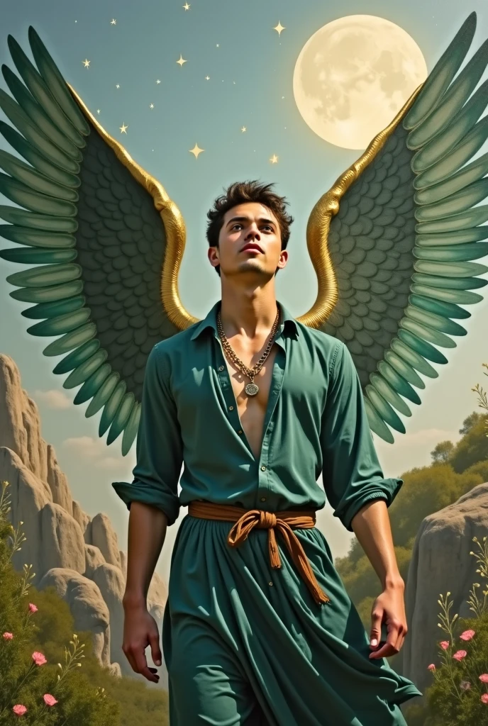 -((Masterpiece)),((best quality)),8k, Highly detailed, very detailed, Pose in style, Real skin texture, dark movie light, Italian model, 21 years old., bare chested, shirtless, Handsome Italian young man, Looks cute, Look sacred, Powerful green eyes, Hermes, messenger of god, Venus D, godly, Pale white skin, Roman god physics, (short hairสีแดง:1.5), dry red hair, short hair, red messy hair, strong jaw, Be a man, stalwart, Defined fit body, The chest is hairless., shirtless, no pants, Terrifying Aesthetics, sky, arm bracelet, (Colossal angel wings :1.4), cloud, epic cloud, (fly in the sky:1.4), fly, (in the middle of the cloud floating:1.5), (float:1.4) Bare legs, bare chest, Barefoot, antique white linen spartan loincloth, Antique white linen draped skirt., Whites:, Gold chains in a Roman gown ,,,, backlight, movie light, depth of field, award winning photos, elegant, Exaggerated, Octane Render, untrue, high definition, 8k resolution, Highly detailed, 8k UHD, professional lighting, Photon mapping, Radiation, Physical rendering